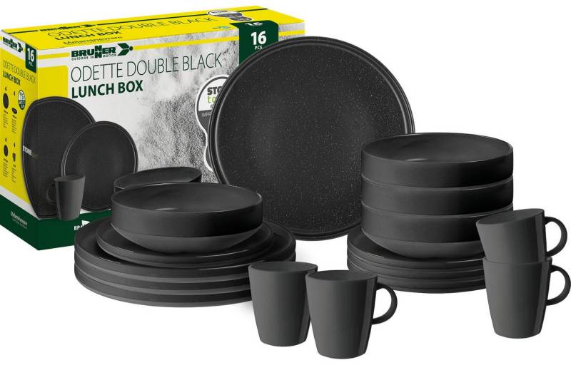 BRUNNER Geschirr-Set Lunch Box Odette Double Black, 4 Personen, 16 Teilig geeignet für den Outdoor Bereich (Camping, Picknick uvm) von BRUNNER