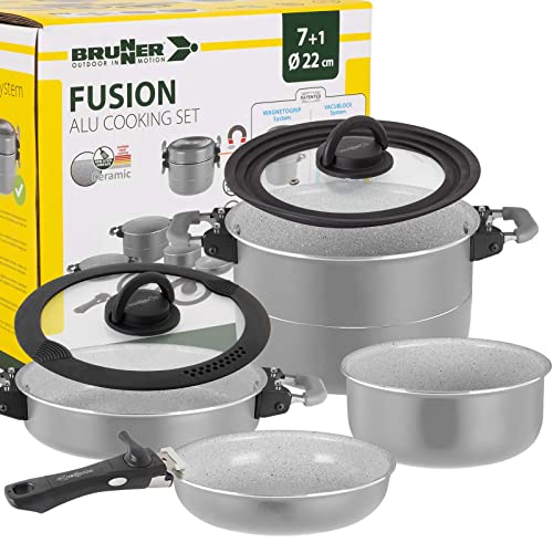 BRUNNER: Camping Topf-Set (Kochtöpfe, Bratpfanne, Deckel & Griff) FUSION 7+1-teilig (22-cm Durchmesser) Gas-Kocher, Elektro-Herd & Induktion - Für 2-4 Personen von BRUNNER