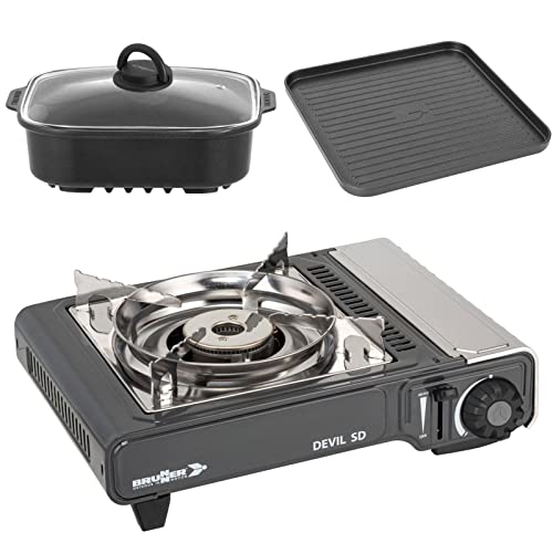 BRUNNER: Gas-Kochplatte Einflammig Outdoor Set - Mit Piezozündung 2,2 kW - Gasherd mit Grill-Koch-Funktion & Zündsicherung - DEVIL SD NG Für Ventilkartusche - Kompakt, Mobil & Im Koffer von BRUNNER