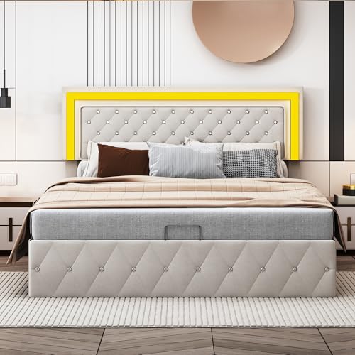 140 x 200 cm Doppelbett, Hydraulisches Bett mit LED-Beleuchtung und Stauraum, Beige Samtbett mit Verstellbarem Kopfteil, Elegant und komfortabel, Ohne Matratze 140 x 200 cm Doppelbett, Hydraulisches Bett mit LED-Beleuchtung und Stauraum, Beige Samtbett mit Verstellbarem Kopfteil, Elegant und komfortabel, Ohne Matratze von BRYXR