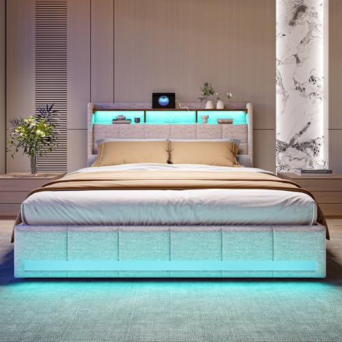 140x190 cm Doppelbett mit Lattenrost，Stilvolles Polsterbett mit Stauraum, 4 Schubladen, Individueller LED-Beleuchtung, USB und Typ-C-Anschlüssen, Modernes Beige Design für optimalen Komfort von BRYXR