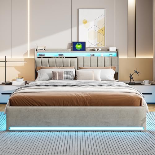 BRYXR 140 x 200 cm Polsterbett mit LED-Kopfteil, Doppelbett mit USB und Lattenrost, Hydraulischem Stauraum und Metallrahmen, Jugendbett, Graues Samt Bett (ohne Matratze) von BRYXR