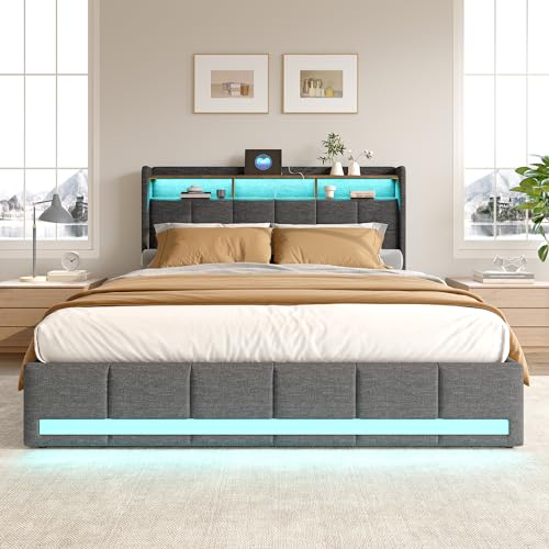 BRYXR Boxspringbett 140x200 mit Lattenrost，Stilvolles Polsterbett mit Stauraum, 4 Schubladen, Individueller LED-Beleuchtung, USB und Typ-C-Anschlüssen, Modernes Graues Design für optimalen Komfort von BRYXR