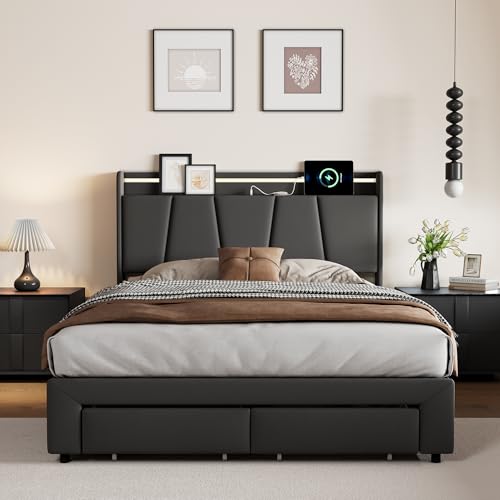 BRYXR Doppelbett mit Stauraum 140 x 200 cm, gepolstertes LED-Bettrahmen, Bett mit USB-Anschluss, eleganter Rahmen mit gepolstertem Kopfteil (Dunkelgrau + Leinen) von BRYXR