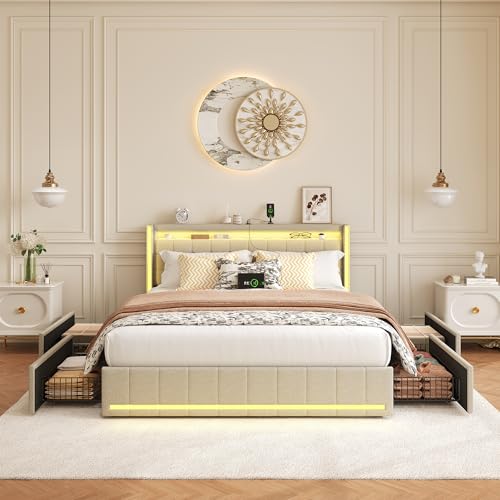 BRYXR Polsterbett 140x190 cm mit LED-Kopfteil, USB-Ladefunktion und Lattenrost, 4 praktischen Schubladen und stilvollem Design,Ideal für Jugendzimmer und Moderne Räume,Ohne Matratze von BRYXR