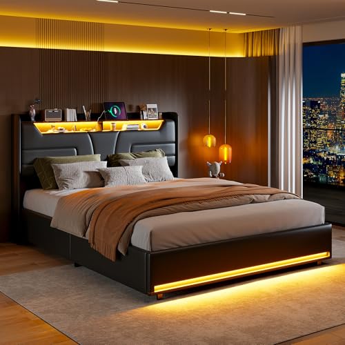 BRYXR Doppelbettrahmen im Retro-Stil mit hydraulischem Stauraum & LED-Beleuchtung, Schwarzes Plattformbett aus Kunstleder, modern (Ablagefach Rückenlehne, 140 * 200cm) von BRYXR
