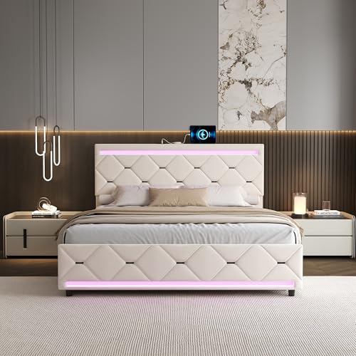 BRYXR Polsterbett 160 x 200 cm, Doppelbettrahmen mit stilvoller LED-Beleuchtung, USB-Ladefunktion und praktischem Stauraum (Beige+Bett-Endlicht, 160 * 200cm) von BRYXR