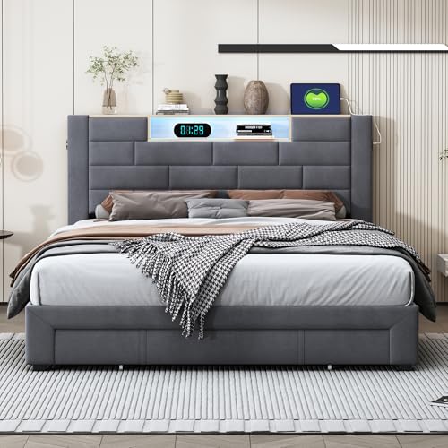 BRYXR 140x200cm Samtge Polsterbett,Doppelbett mit 3 Schubladen und LED-Beleuchtung,Funktionales Stauraumbett mit bequemem Kopfteil, stabilen Lattenrosten für perfekten Schlafkomfort von BRYXR