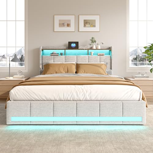 Boxspringbett 160x200 mit Lattenrost，Stilvolles Polsterbett mit Stauraum, 4 Schubladen, Individueller LED-Beleuchtung, USB und Typ-C-Anschlüssen, Modernes Beige Design für optimalen Komfort von BRYXR