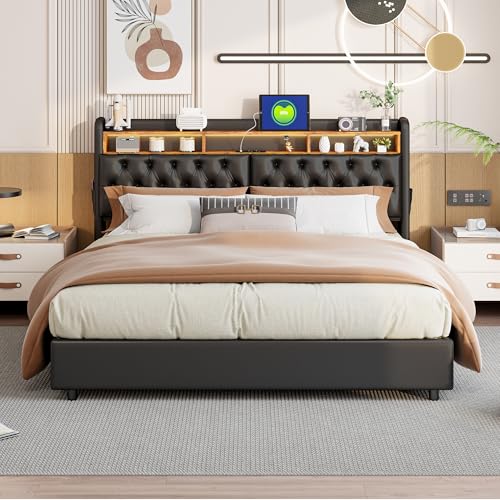 Doppelbettrahmen 180x200cm im Retro-Stil mit Hydraulischem Stauraum und LED-Beleuchtung, Schwarzes Plattformbett aus Kunstleder, Modern und Elegant,3 Größen Verfügbar für Ihr Ideales Schlafzimmer von BRYXR
