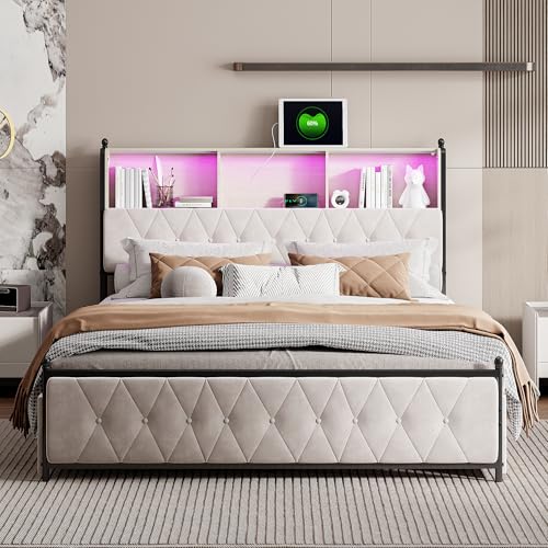 Polsterbett 160 x 200 cm, Doppelbettrahmen mit stilvoller LED-Beleuchtung, USB-Ladefunktion und praktischem Stauraum (Beige+4 Schubladen, 140 * 200cm) von BRYXR