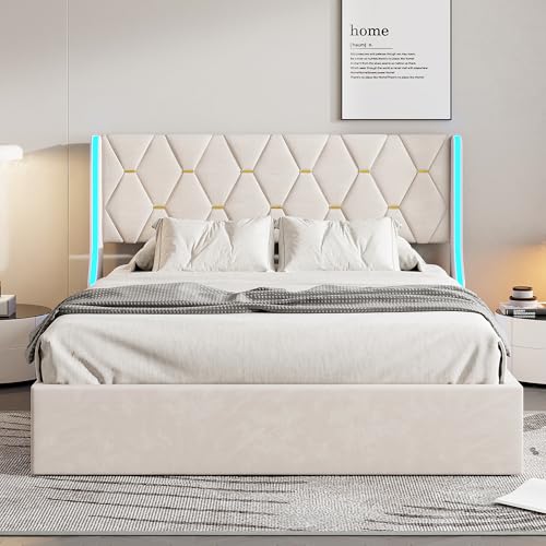 Polsterbett 160 x 200 cm, Doppelbettrahmen mit stilvoller LED-Beleuchtung, USB-Ladefunktion und praktischem Stauraum (Beige Samt+Nachttisch-Flügelleuchten, 160 * 200cm) von BRYXR