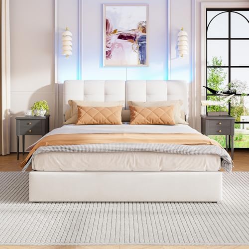 Polsterbett 160 x 200 cm, Doppelbettrahmen mit stilvoller LED-Beleuchtung, USB-Ladefunktion und praktischem Stauraum (Beige Samt Rückenlehne, 140 * 200cm) von BRYXR