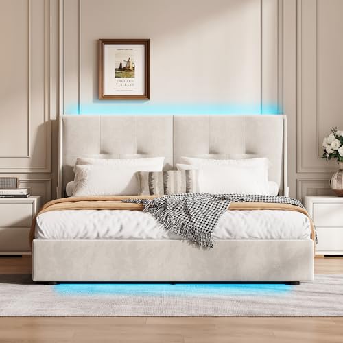 Polsterbett 160 x 200 cm, Doppelbettrahmen mit stilvoller LED-Beleuchtung, USB-Ladefunktion und praktischem Stauraum (Beiges Abnehmbares, 160 * 200cm) von BRYXR