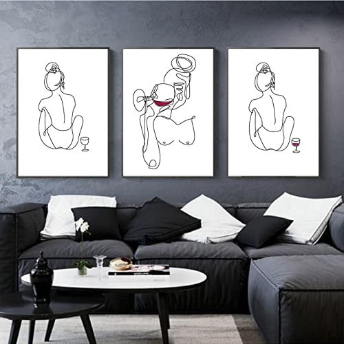 Abstrakte Frau Körper Strichzeichnung Wandkunst Poster Trinken Rotwein Leinwand Malerei Minimalistische Bilder Für Wohnzimmer Dekoration/Kein Rahmen-40x50cmx3P von BRoleo