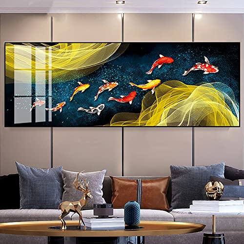 BRoleo Großes dekoratives Wandgemälde auf Leinwand chinesischer Stil Koi-Poster neun Fische Illustration Feng Shui Teich Heimdekoration 50 x 150 cm ohne Rahmen von BRoleo