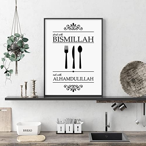 Islamische Bismillah Alhamdulillah schwarz-weiß Messer Gabel muslimische Leinwand Malerei Wand Kunstdrucke Poster Küche Home Dekoration/kein Rahmen von BRoleo