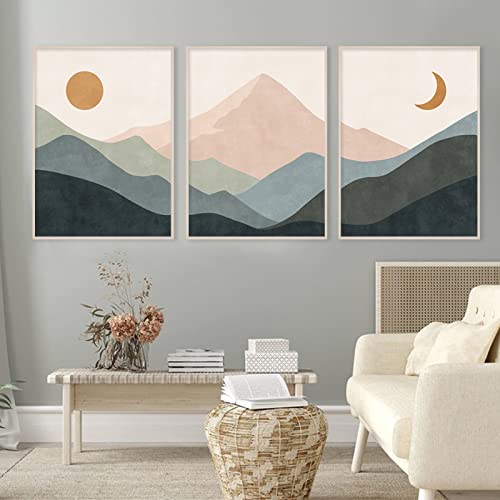 Moderne abstrakte Berge Sonne und Mond Mitte des Jahrhunderts Boho-Leinwandgemälde Wandkunstdrucke Bilder Poster für Wohnzimmer Heimdekoration von BRoleo