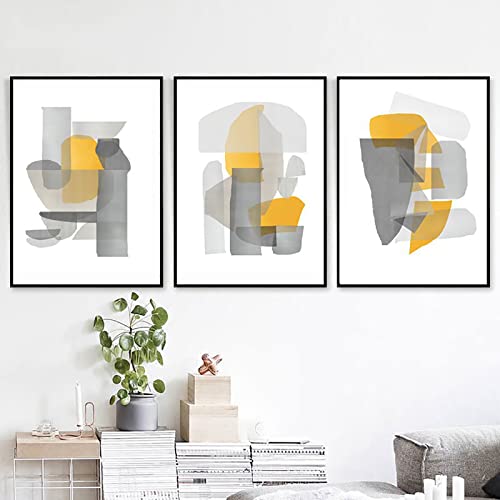 Moderne abstrakte Kunst 3er-Set Poster Grau Gelb Wandkunst Leinwandgemälde skandinavisches Wandbild Esszimmer ohne Rahmen von BRoleo