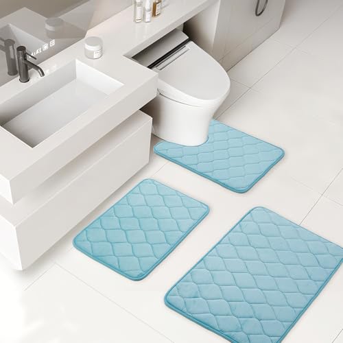 BSAOUTZ Badezimmerteppich-Set, rutschfest, Memory-Schaum, extra saugfähig, weich, waschbar, für Badezimmer, WC, Hellblau, 3-teilig von BSAOUTZ