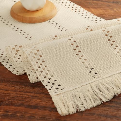BSBUY Creme Landhausstil Quasten Tischläufe Mode Boho Tischläufer mit Quasten Fleckschutz Waschbar Mehrfachverwendung Lange Tischdecke für Hochzeit Esstisch Böhmische Rustikale und Festival (30*183cm) von BSBUY