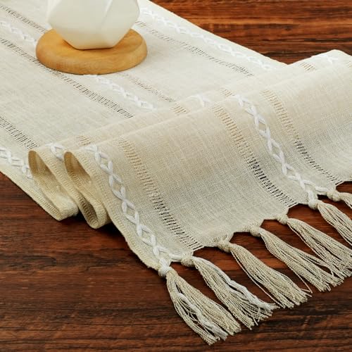 BSBUY Landhausstil Quasten Tischläufe Mode Boho Beige Tischläufer mit Quasten Fleckschutz Waschbar Mehrfachverwendung Lange Tischdecke für Hochzeit Esstisch Böhmische Rustikale und Festival (33*183cm) von BSBUY