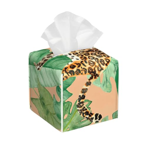 Taschentuchbox-Abdeckung, quadratisch, Leoparden- und Palmblätter, quadratisch, aus PU-Leder Taschentuchbox-Abdeckung, quadratisch, Leoparden- und Palmblätter, quadratisch, aus PU-Leder von BSBurui