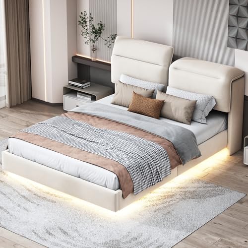 140 x 200 cm Bett, Truhe, Plattbett, gepolstert, mit LED-Licht und USB-Anschluss, gepolstertes Bett mit Stauraum und Kopfteil, Doppelbett für Erwachsene und Jugendliche, Samt (Beige C) von BSCFHCZ