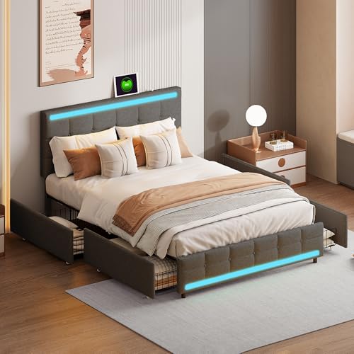 BSCFHCZ 140 x 200 cm, beige, Doppelbett mit Stauraum, gepolstertes Bett mit Lattenrost, funktional mit Kopfteil, LED, USB und 4 Schubladen, Bett aus Leinen (Grau B) von BSCFHCZ