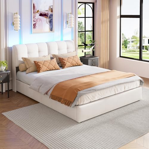 BSCFHCZ 140 x 200 cm Bett, Truhe, Plattbett, gepolstert, mit LED-Licht und USB-Anschluss, gepolstertes Bett mit Stauraum und Kopfteil, Doppelbett für Erwachsene und Jugendliche, Samt (Beige B) von BSCFHCZ