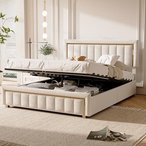 BSCFHCZ 160 x 200 cm, Doppelbett mit hydraulischem Stauraum, gepolstertes Bett, Bettgestell mit Lattenrost, einfach zu montieren, Samt (Beige A) von BSCFHCZ