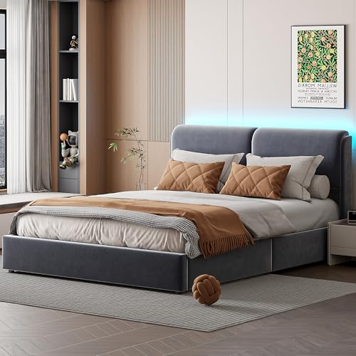 BSCFHCZ 160 x 200 cm Bett, Truhe, Plattbett, gepolstert, mit LED-Licht und USB-Anschluss, gepolstertes Bett mit Stauraum und Kopfteil, Doppelbett für Erwachsene und Jugendliche, Samt (Grau A) von BSCFHCZ