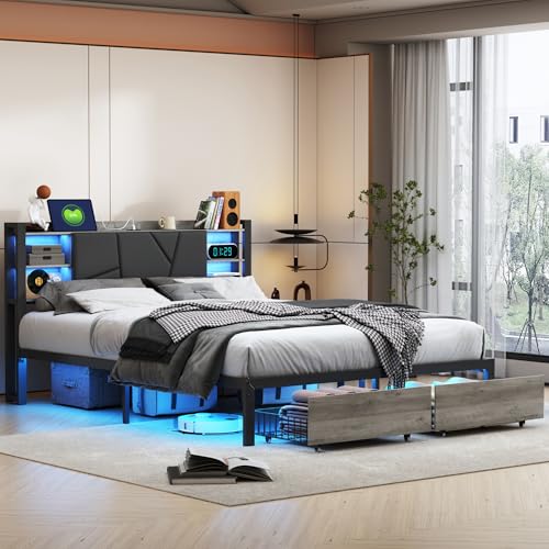 BSCFHCZ Bett mit Stauraum, 180 x 200 cm mit LED- und USB-Rahmen, Doppelbett für Erwachsene mit 2 Schubladen, Lattenrost, Kopfteil, USB, PU, Grau (Matratze nicht im Lieferumfang enthalten) (Grau A) von BSCFHCZ