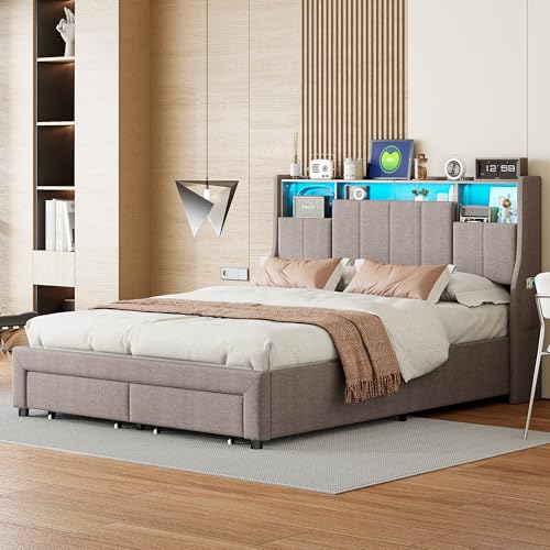 BSCFHCZ Bettkasten, 160 x 200 cm mit LED- und USB-Rahmen, Doppelbett für Erwachsene mit 2 Schubladen, Lattenrost, USB-Kopfteil, aus grauem Leinen (Matratze nicht im Lieferumfang enthalten) (Grau B) von BSCFHCZ