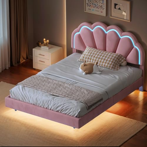 BSCFHCZ Doppelbett, 140 x 200 cm, gepolstertes Bett mit LED-Beleuchtung, Lattenrost und Sossier, Jugendbett, aus Samt, Rosa, ohne Matratze (Rosa A) von BSCFHCZ