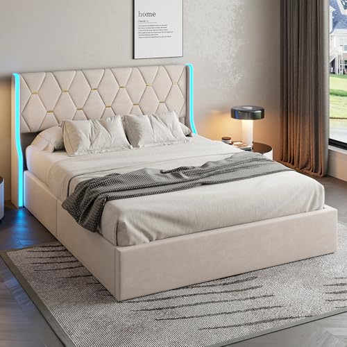 BSCFHCZ Polsterbett 140x190 cm, Bett mit Stauraum, Polsterbett Doppelbett 140 × 190 cm mit LED und Lattenrost,für Erwachsene und Jugendliche, Ohne Matratze (Beige, 140x190 cm) von BSCFHCZ