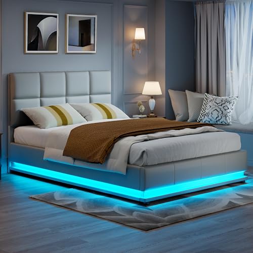 BSCFHCZ Polsterbett 140x200 cm, Bett mit Stauraum, Polsterbett Doppelbett 140 × 200 cm mit LED und Lattenrost,für Erwachsene und Jugendliche, Ohne Matratze (PU-Grau, 140x200 cm) von BSCFHCZ