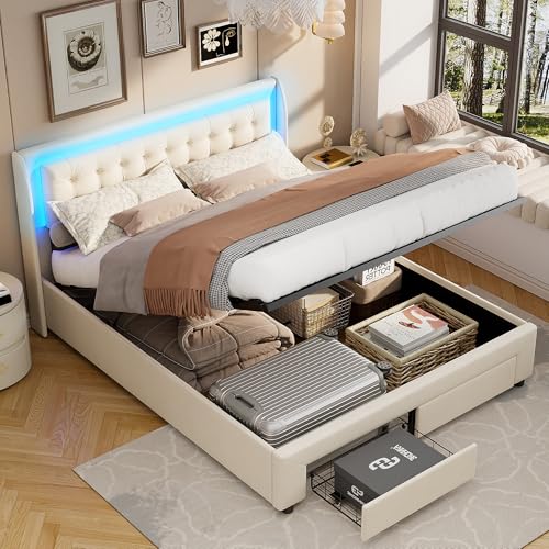 BSCFHCZ Polsterbett 140x200 cm,Bettgestell, Doppelbettgestell, LED Doppelbett mit 4 Schubladen und Lattenrost,Stauraumbetten, Bett,Funktionsbett Jugendbett (Beige-Samt, 140 x 190 cm) von BSCFHCZ