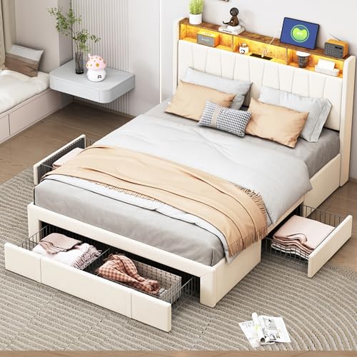 BSCFHCZ Polsterbett 140x200 cm,Bettgestell, Doppelbettgestell, LED Doppelbett mit 4 Schubladen und Lattenrost,Stauraumbetten, Bett,Funktionsbett Jugendbett (Beige-Samt,4 Schubladen, 160 x 200 cm) von BSCFHCZ