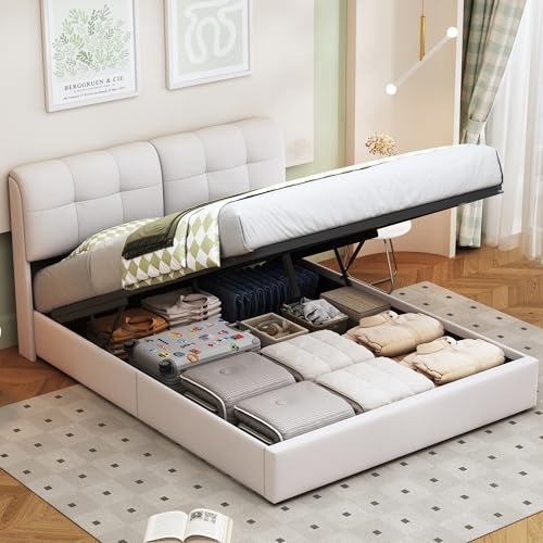 BSCFHCZ Polsterbett 160 x 200 cm, Bett mit Bettkasten, Polsterbett Doppelbett 160x200 mit LED,Bett mit Stauraum and Lattenrost, Jugendbett,Kopfteil, Ohne Matratze (Cremeweiße -LED, 160x200) von BSCFHCZ