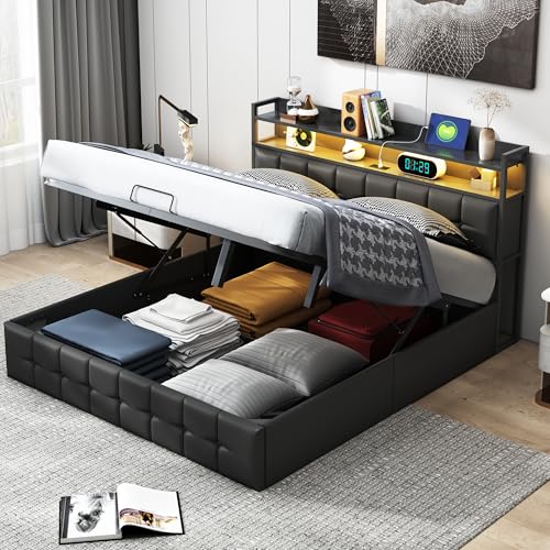 BSCFHCZ Polsterbett 140 x 200 cm, Doppelbett mit Stauraum und Lattenrost, Bett mit LED Beleuchtung, Stauraumbett Funktionsbetten Rückenlehne Bettgestell,Jugendbett (Schwarz-LED, 140x200cm) von BSCFHCZ