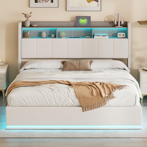 BSCFHCZ Polsterbett 160 x 200 cm, Doppelbett mit Stauraum und Lattenrost, Bett mit LED Beleuchtung, Stauraumbett Funktionsbetten Rückenlehne Bettgestell,Jugendbett (Weiß-Flanell-Staufach, 160x200cm) von BSCFHCZ