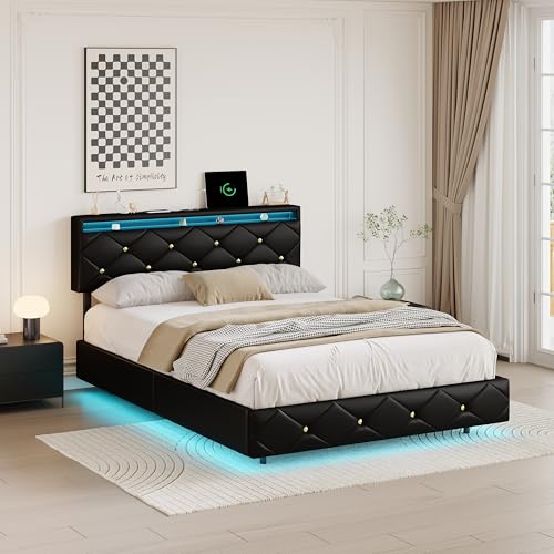 BSCFHCZ Schwimmbett, Doppelbett, 140 x 200 cm, gepolstertes Bett mit LED-Beleuchtung, USB-Anschlüsse, Lattenrost und Sossier, Jugendbett, PU, Schwarz, ohne Matratze (Schwarz A) von BSCFHCZ
