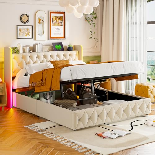 BSCFHCZ Topcase Bett 160 x 200 cm mit LED-Beleuchtung und USB-Anschluss, Moderne Doppelbetten mit Kopfteil und Stauraum, Polsterbett für Erwachsene (Beige + LED, 160 x 200 cm) von BSCFHCZ