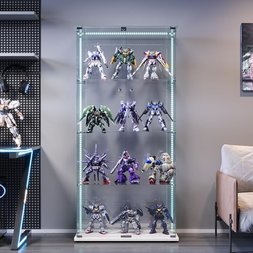 BSCFHCZ Vitrine aus Glas mit LED, moderner Sammlerschrank aus vierschichtigem Glas mit 2 Türen, 5 mm Hartglas, transparent und 4 Ablagen, für Schlafzimmer, Wohnzimmer von BSCFHCZ
