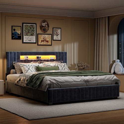 Polsterbett 160 x 200 cm, Doppelbett mit Stauraum, Polsterbett Doppelbett 160x200 mit LED,Bett mit Stauraum and Lattenrost, Jugendbett ,Kopfteil, Ohne Matratze (Gris + USB + Terciopelo, 160x200cm) von BSCFHCZ