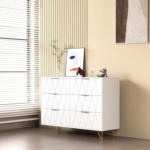 Weiße Kommode mit 6 Schubladen, platzsparende Kommode für Schlafzimmer, Griffe und Beine Gold, Möbel für Wohnzimmer, hoch und schmal, Sideboard (Weiß, 6 Schichten) von BSCFHCZ