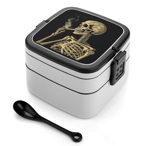 A Skelett mit brennender Zigarette Bento Box Erwachsene Lunchbox All-in-One Stapelbare Bento Lunchbox mit Fächern Doppelschicht Lunchboxen Auslaufsicher Lunchbox Lunchbehälter für Arbeit Picknick von BSCKKDMN
