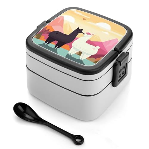 Alpacas in Love In The Mountains Bento Box Erwachsene Lunchbox All-in-One Stapelbare Bento Lunchbox mit Fächern Doppelschicht Lunchboxen Auslaufsicher Lunchbox Lunchboxen für Arbeit Picknick Reisen von BSCKKDMN