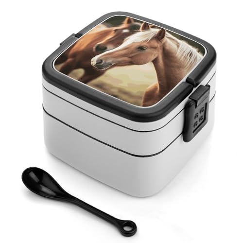 BSCKKDMN Adorable Horse Bento Box Erwachsene Lunchbox All-in-One Stapelbare Bento-Lunchbox mit Fächern Doppelschicht Lunchboxen Auslaufsicher Lunchbox Lunch-Behälter für Arbeit Picknick Reisen von BSCKKDMN